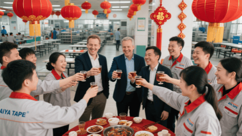 British clients visit AIYA TAPE's cafeteria and have dinner with the staff.