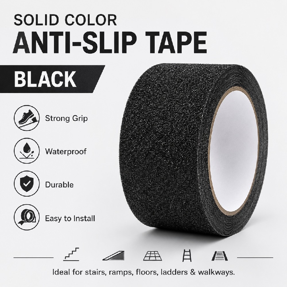 Solid Black Anti-Slip Tape – Waterproof Abrasive Grip Tape for Steps, Floors, Ramps & Ladders