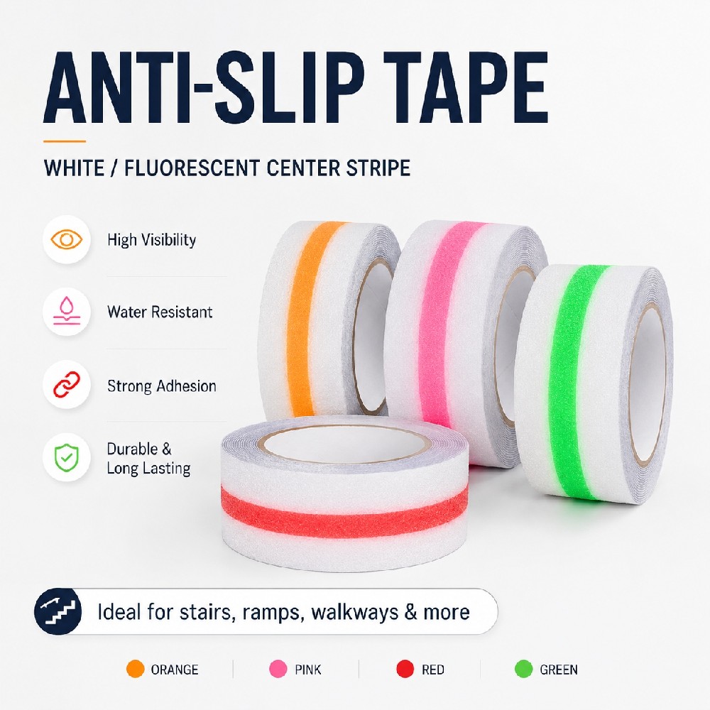 White Anti-Slip Tape with Fluorescent Center Stripe – High Visibility Safety Grip Tape for Stairs, Ramps & Walkways