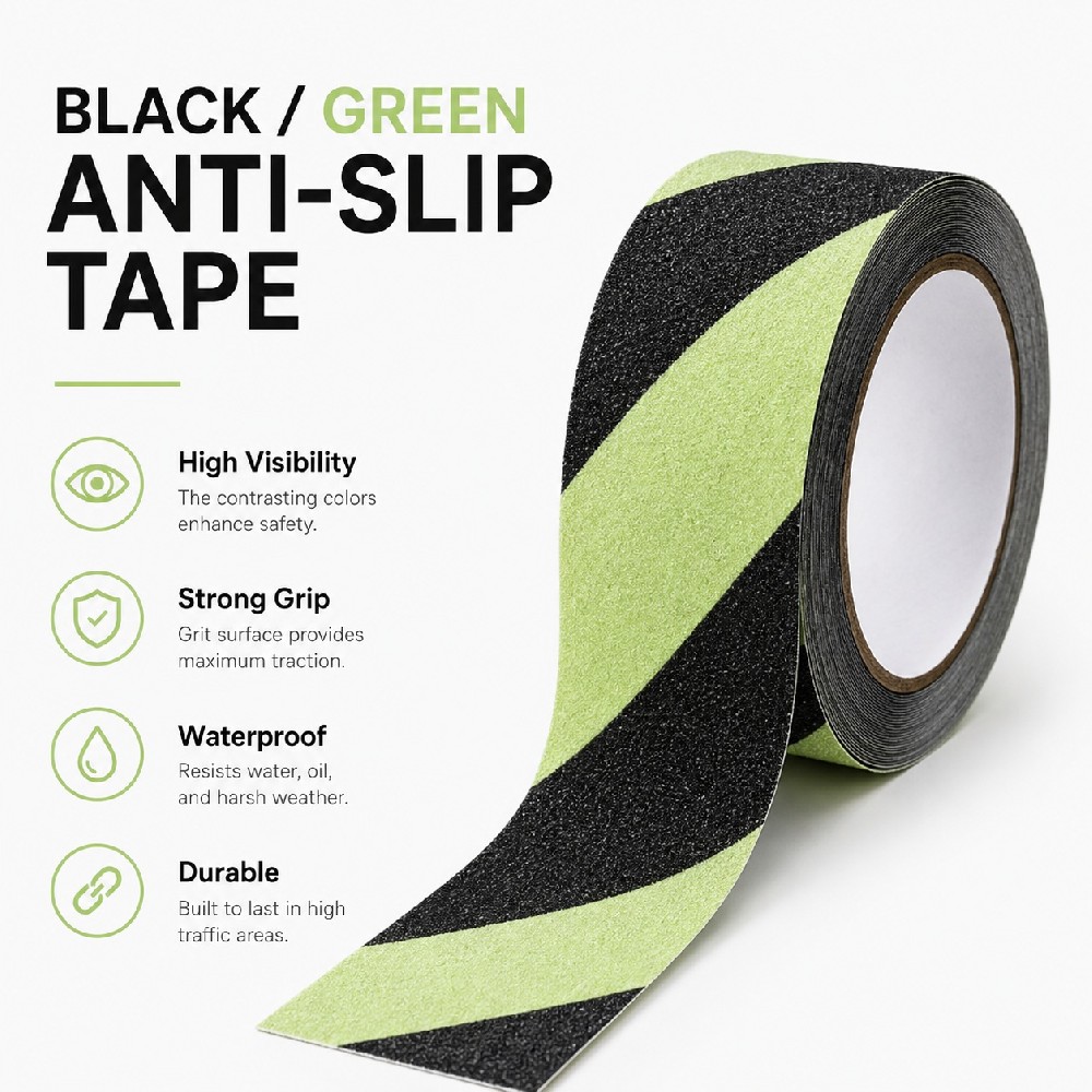 Black Green Anti-Slip Tape – High Visibility Waterproof Safety Grip Tape for Stairs, Ramps & Walkways