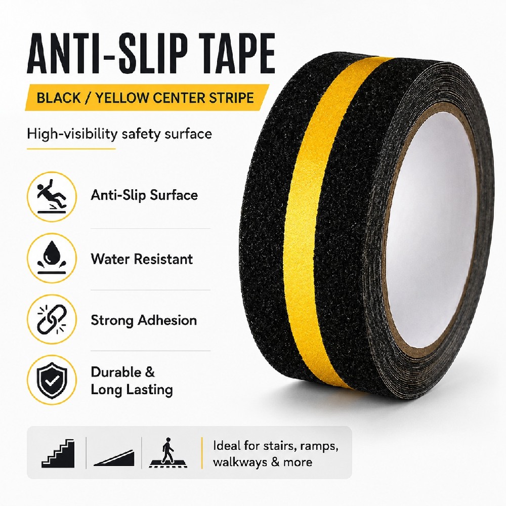 Black Anti-Slip Tape with Yellow Center Stripe – High Visibility Safety Grip Tape for Stairs, Ramps & Walkways
