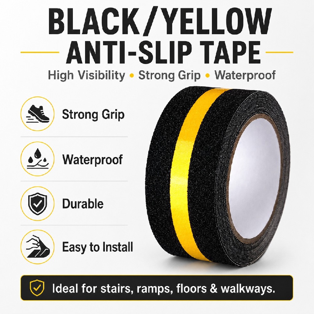 Black Anti-Slip Tape with Fluorescent Yellow Center Stripe – High Visibility Safety Grip Tape for Stairs, Ramps & Walkways