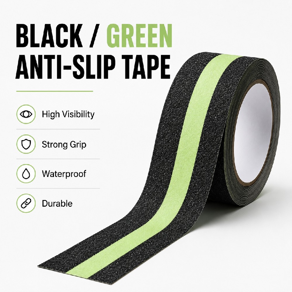 Black Anti-Slip Tape with Fluorescent Green Center Stripe – High Visibility Safety Grip Tape for Stairs, Ramps & Walkways